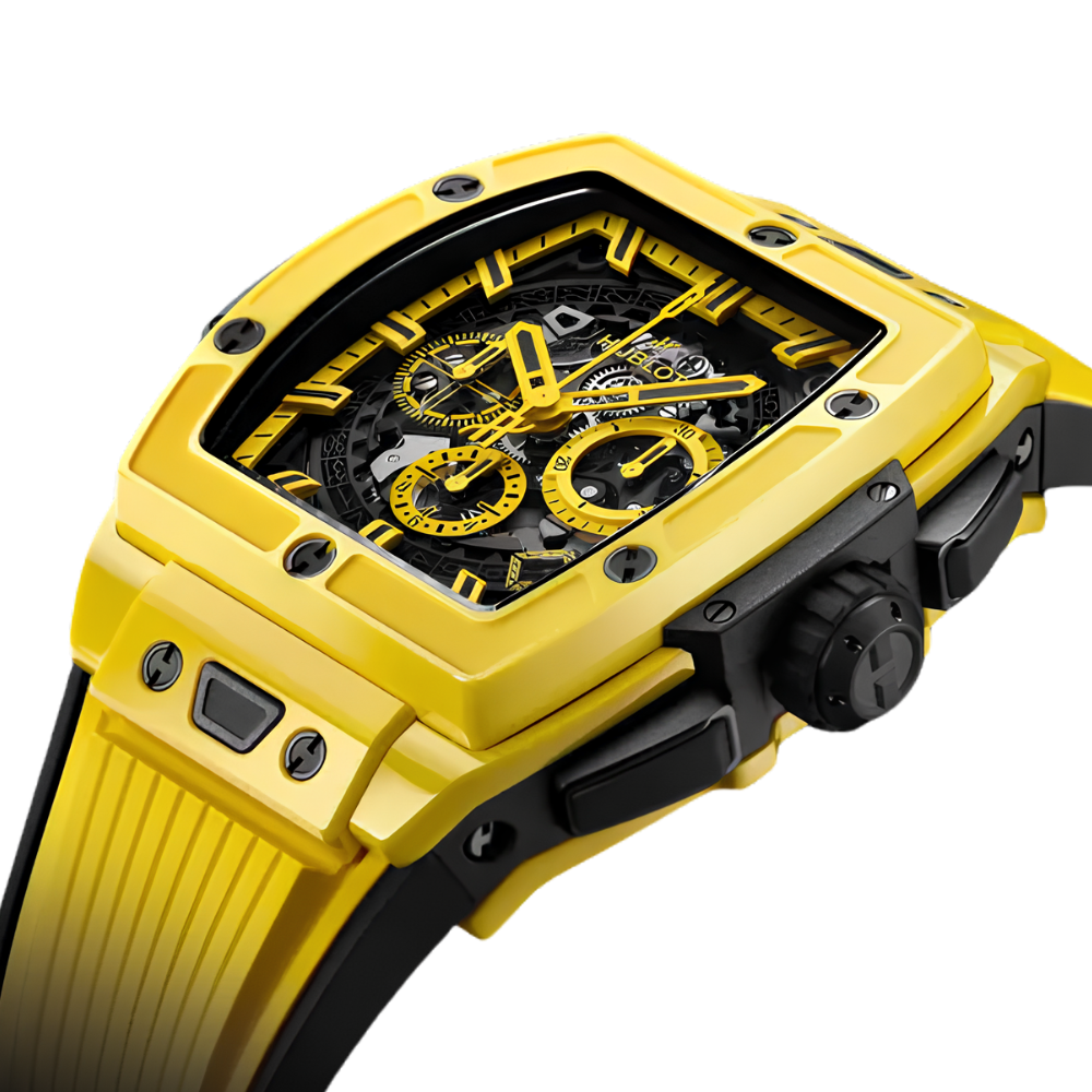 Sporty black and yellow tonneau, skeleton dial, yellow rubber strap