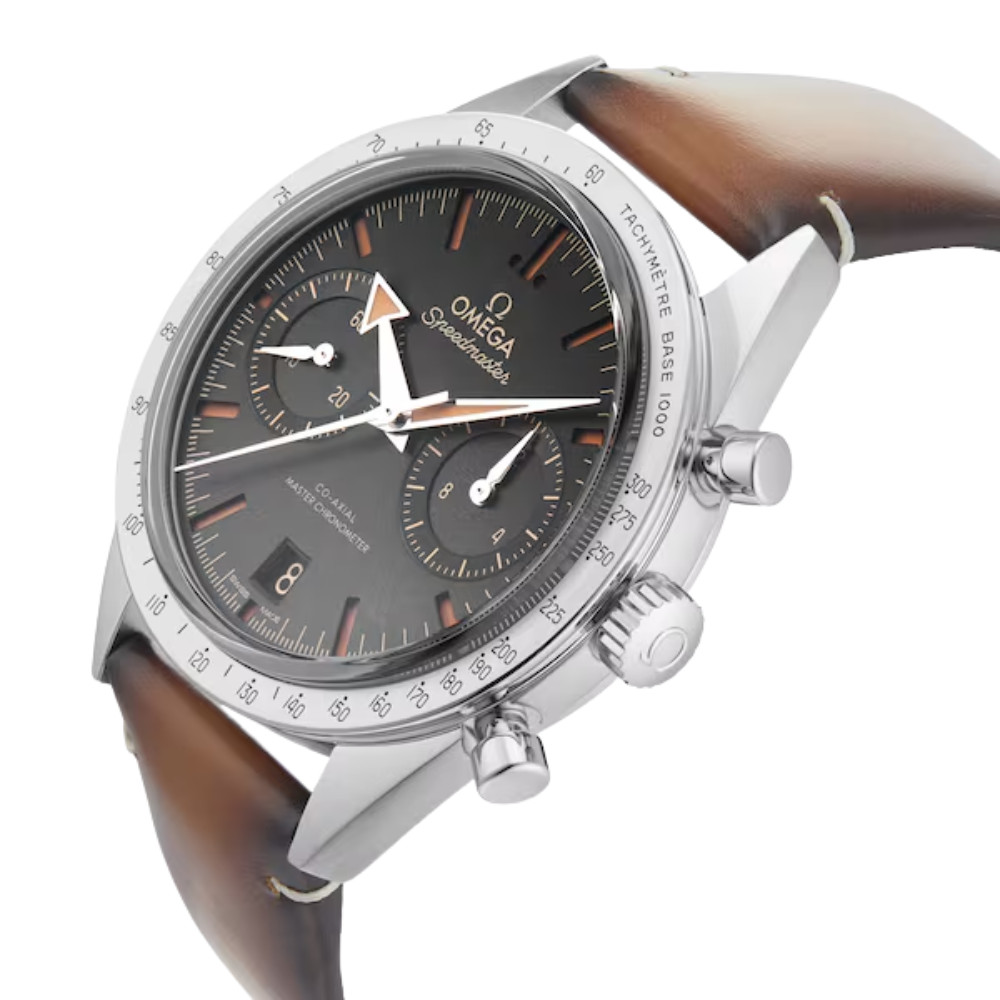 Tonneau case, black chronograph with rose-gold accents, brown leather strap