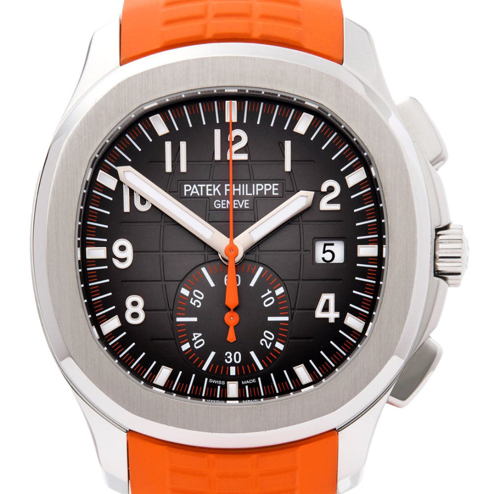Steel, black gradient dial, orange seconds hand, orange rubber strap