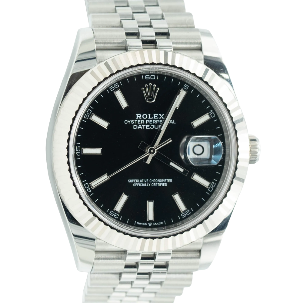 Sporty gunmetal octagonal with crown guard, textured dial, rose-gold accents