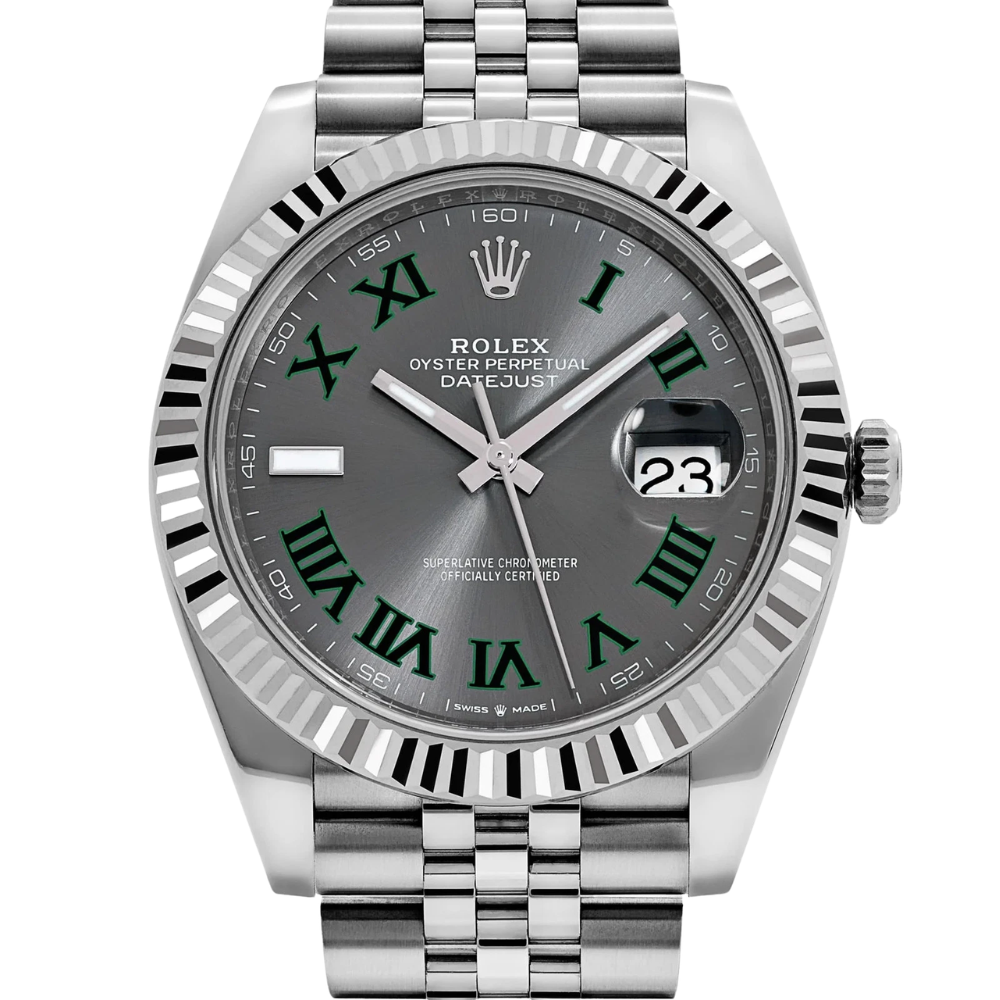 Square case with fluted sides, steel, graphite dial, 5-link bracelet
