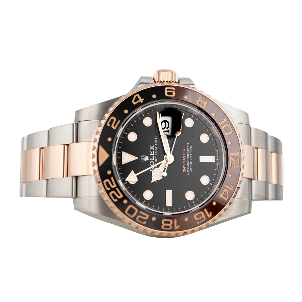 Rose-gold cushion case, black dial, steel and rose-gold bracelet
