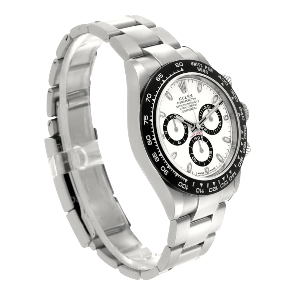 Chronograph, steel, white dial with three black-ringed sub-dials