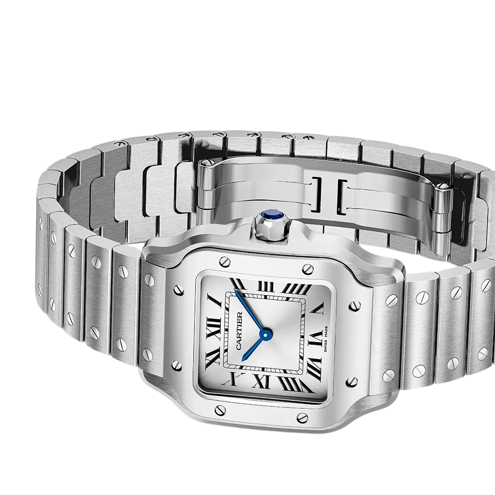 Rounded square, steel, silver dial with blue hands and blue-accent crown