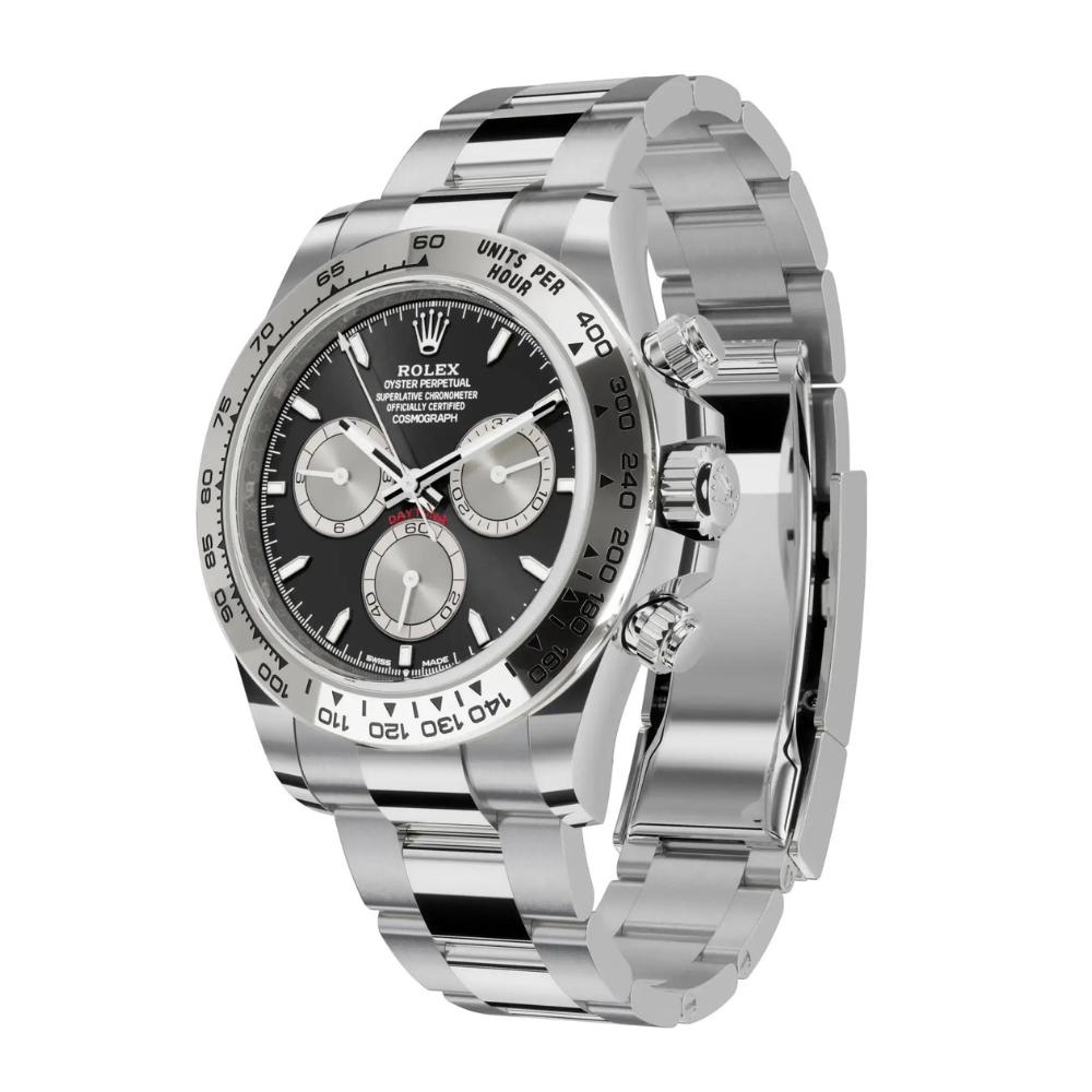 Chronograph, steel, black dial with three silver sub-dials