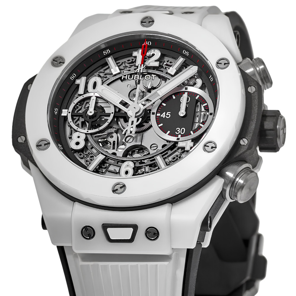 Square sporty case in white ceramic look, panda chronograph with red accents