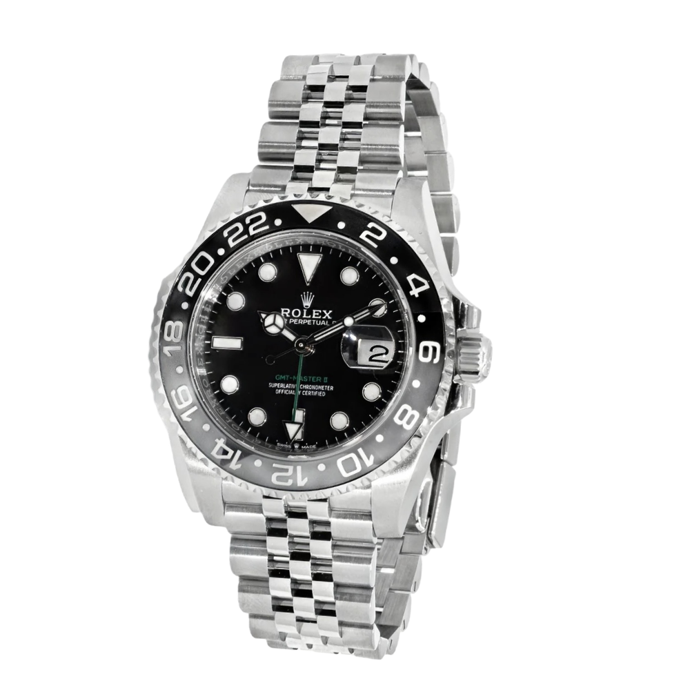 Classic three-hand, polished steel, smooth bezel, black dial with triangle at 12