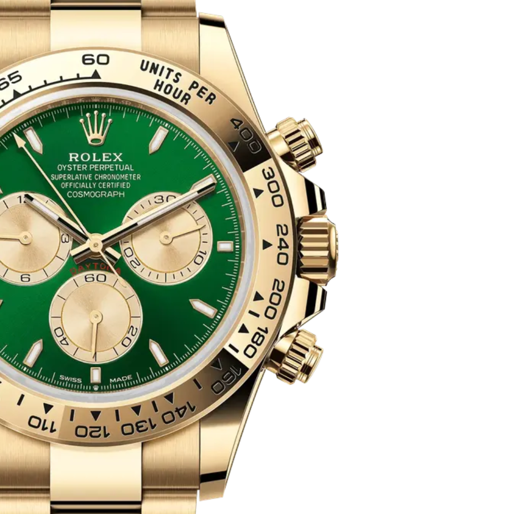 Round dress watch, full gold, green sunburst dial, 5-link bracelet