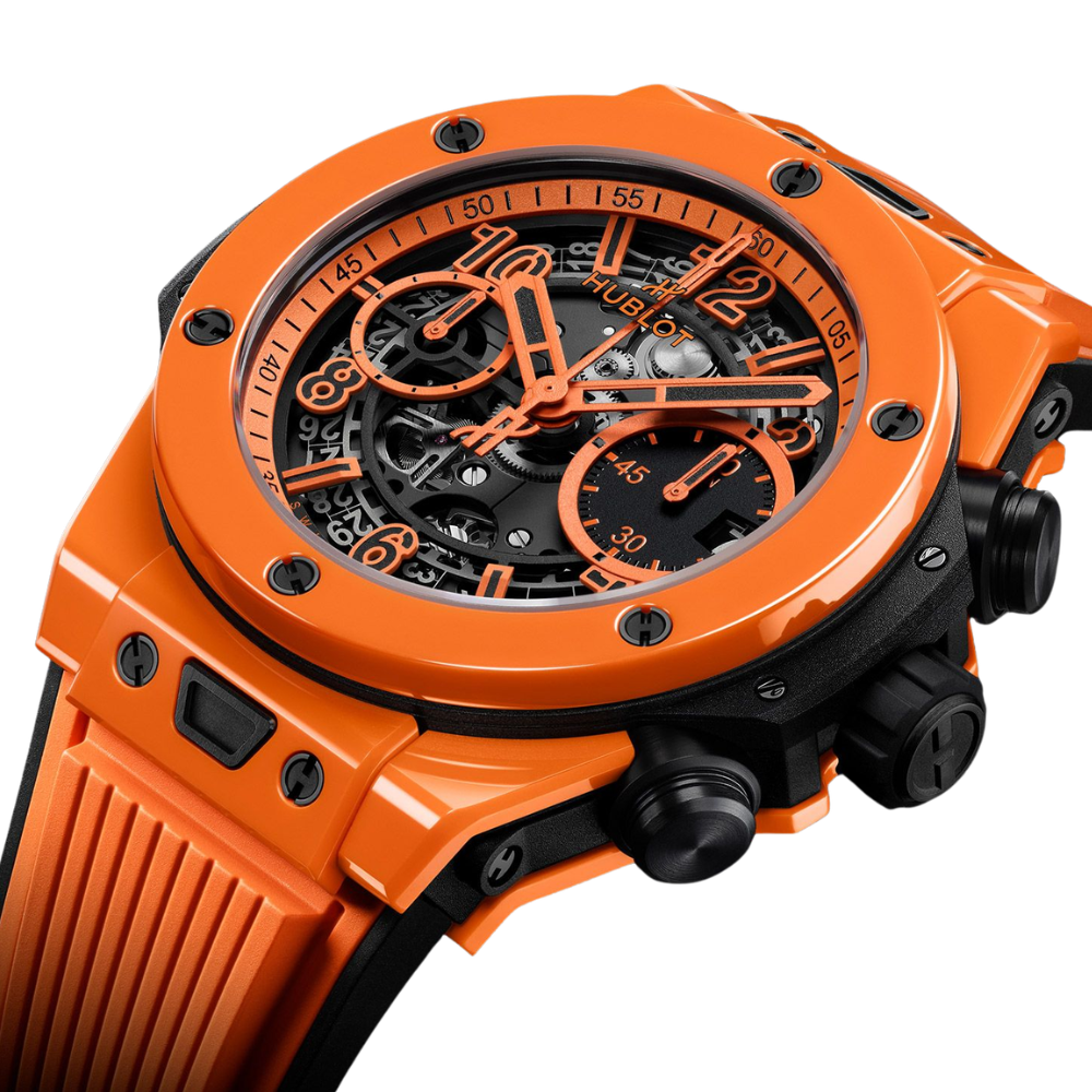 Sporty black and orange tonneau, skeleton dial, orange rubber strap