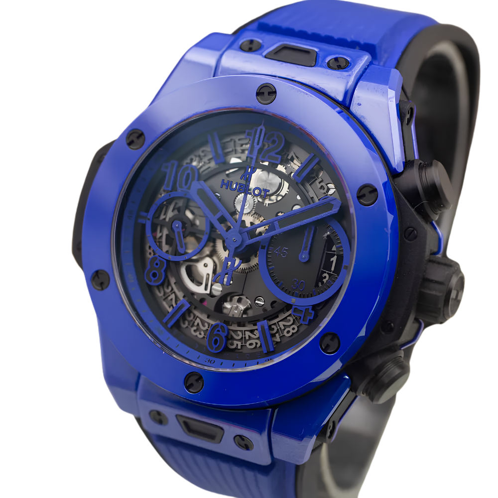 Angular blue and black sport case, skeleton dial with blue accents, blue rubber strap