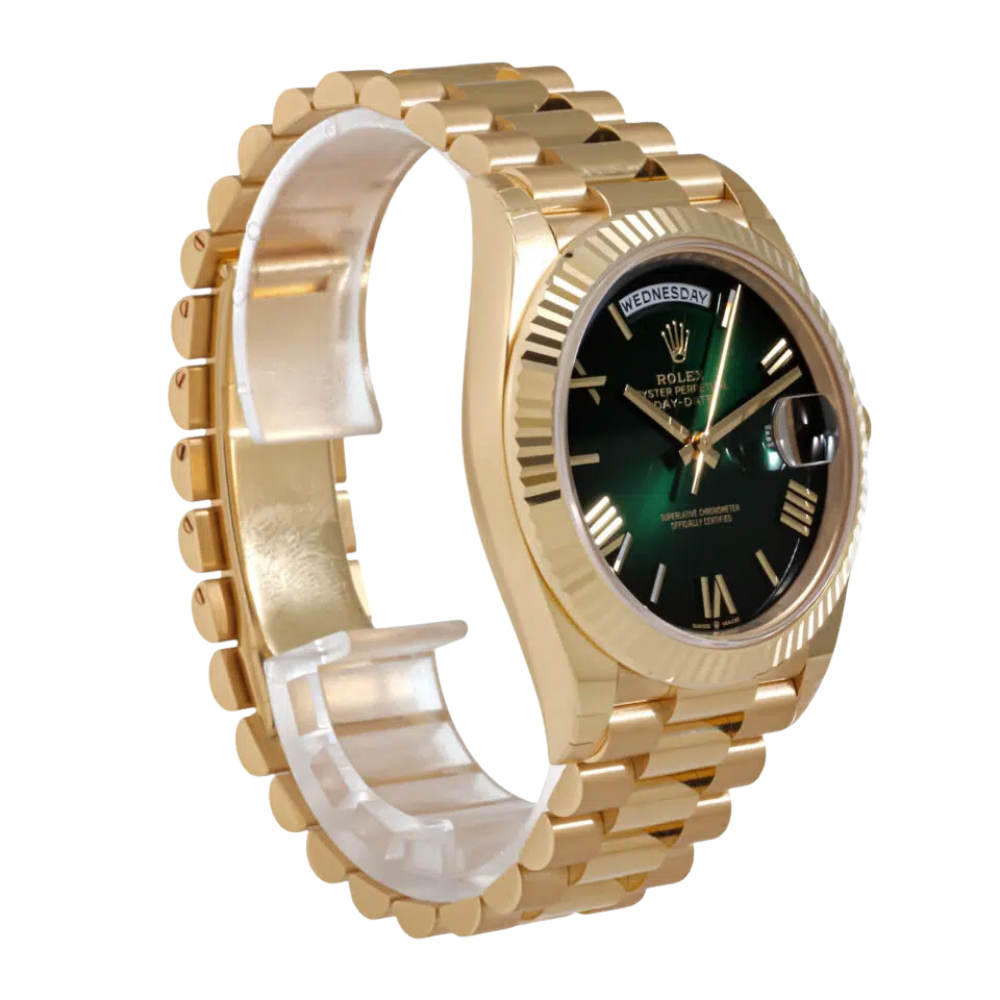 Faceted octagonal, full gold, emerald-green dial with baguette-style markers