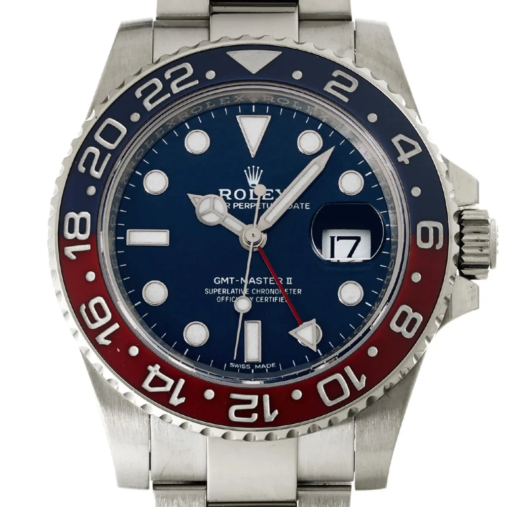 GMT, steel, black 24-hour bezel, triangle-tipped GMT hand