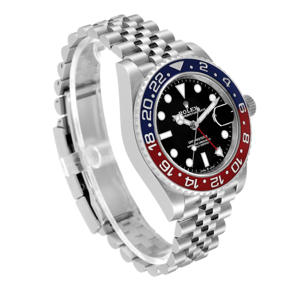 GMT, steel, two-tone blue and red 24-hour bezel, black dial