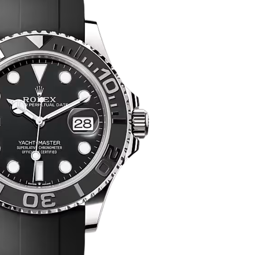 Octagonal case with 8-screw bezel, steel, black dial, black rubber strap