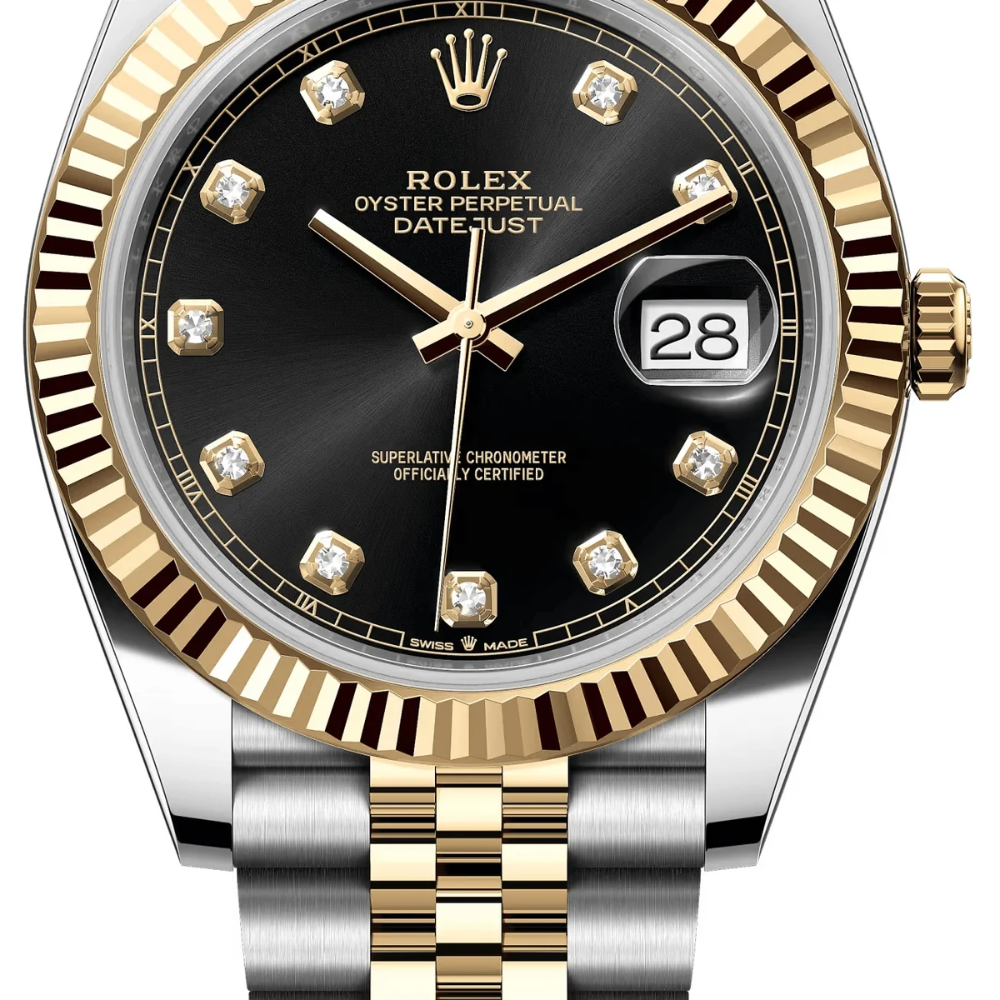 Two-tone, gold octagonal bezel with screws, black dial