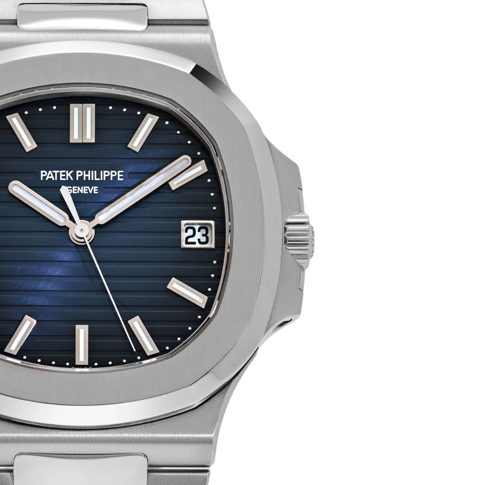 Rounded-square case, steel, navy dial with raised stripes