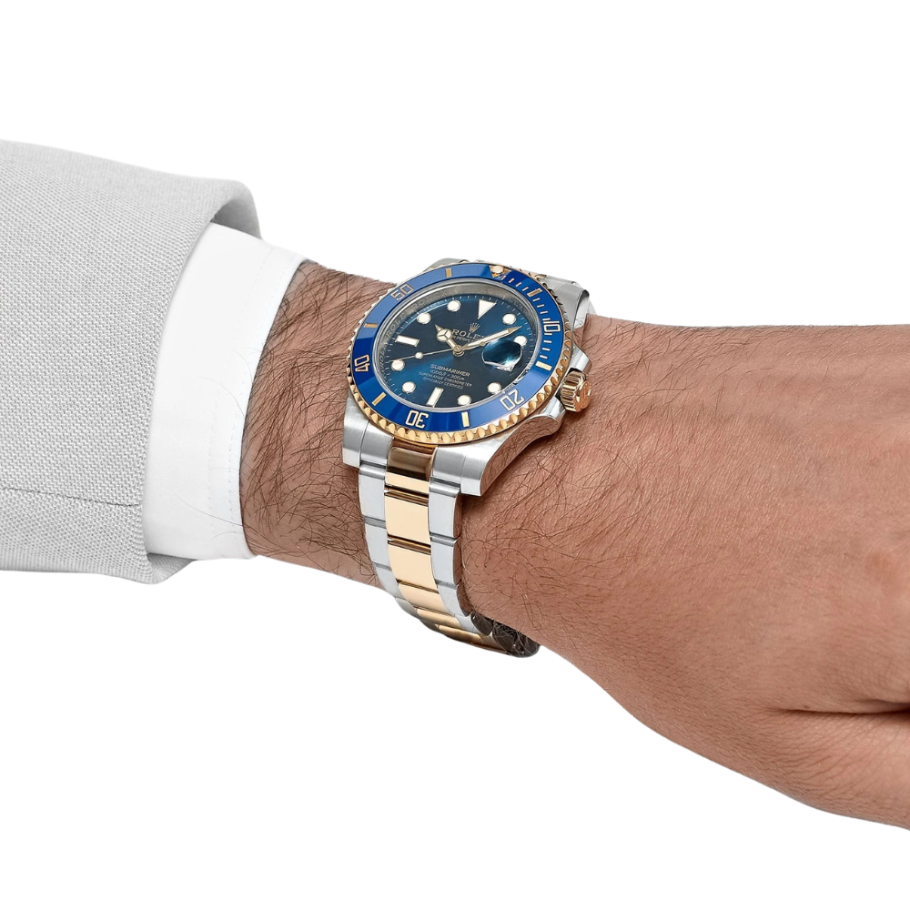Two-tone steel and gold diver, blue 60-minute bezel, blue sunburst dial