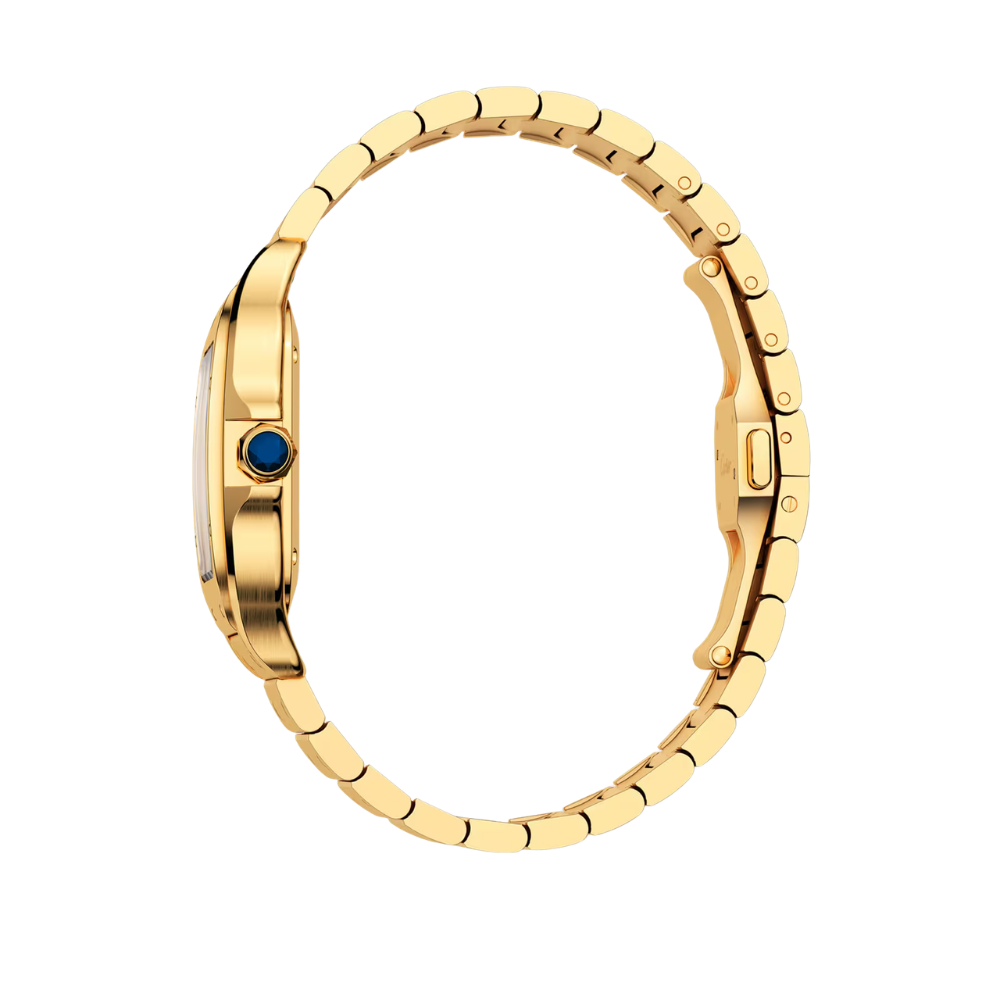 Rounded square, full gold, white dial with blue hands