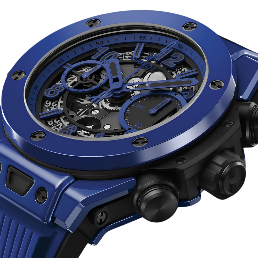 Angular blue and black sport case, skeleton dial with blue accents, blue rubber strap