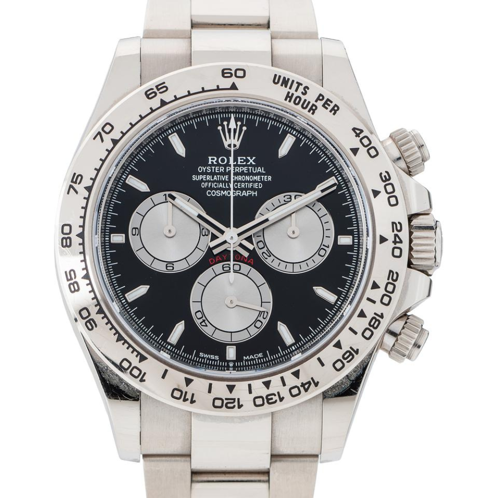 Chronograph, steel, black dial with three silver sub-dials