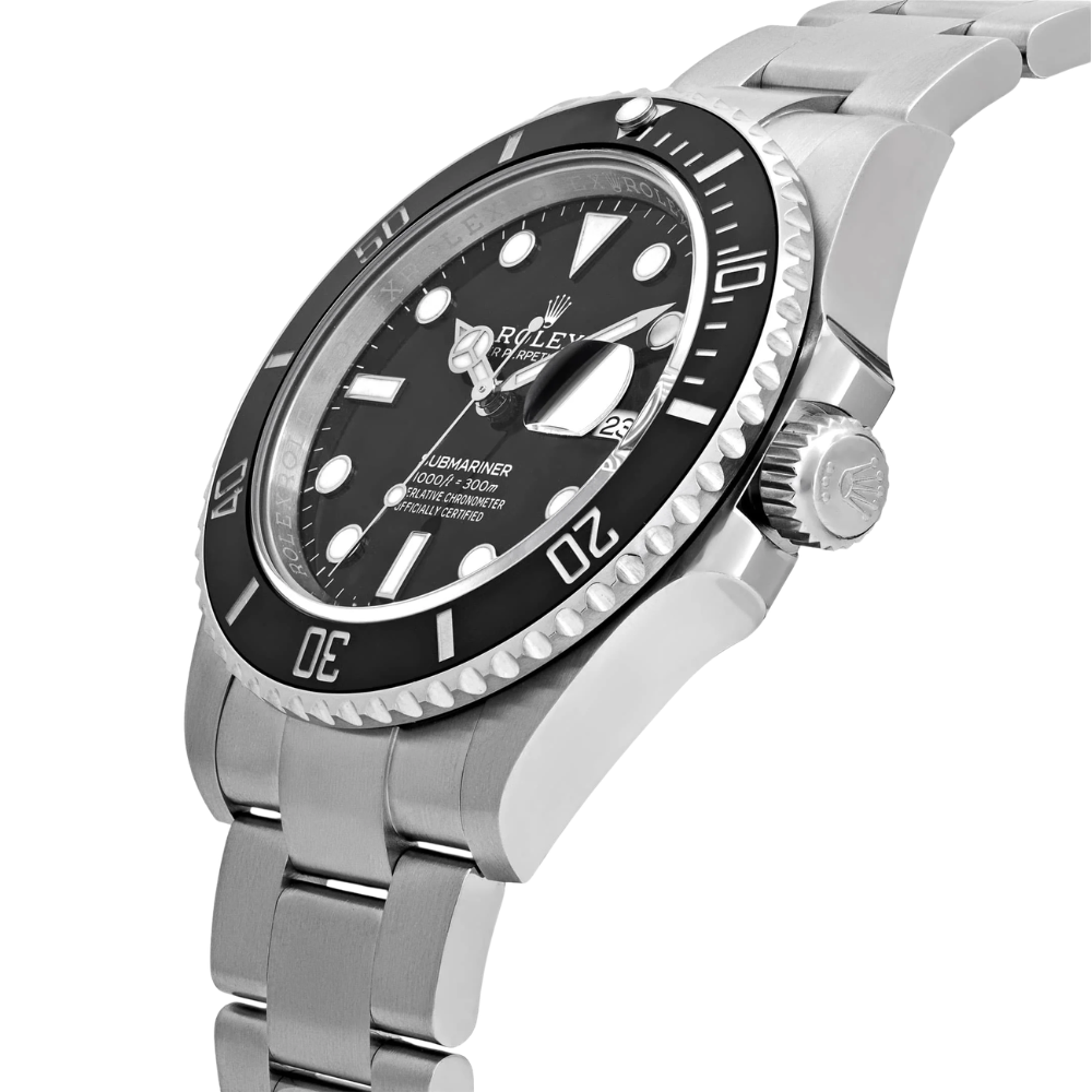 Rounded octagonal case with side ears, steel, black dial, integrated bracelet