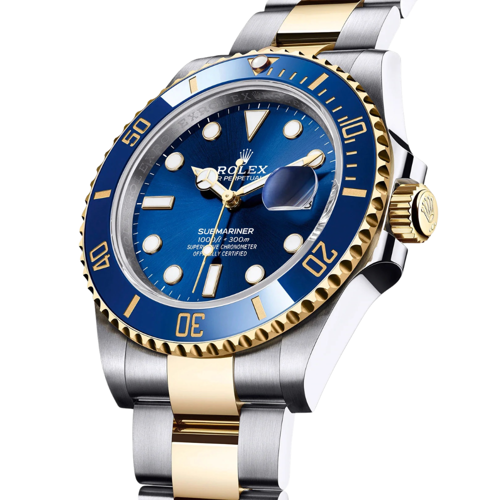 Two-tone steel and gold diver, blue 60-minute bezel, blue sunburst dial