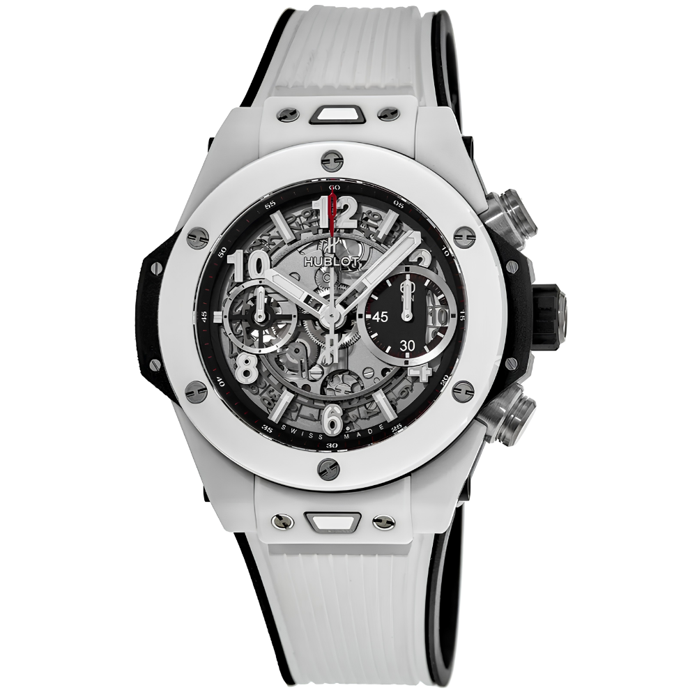 Square sporty case in white ceramic look, panda chronograph with red accents