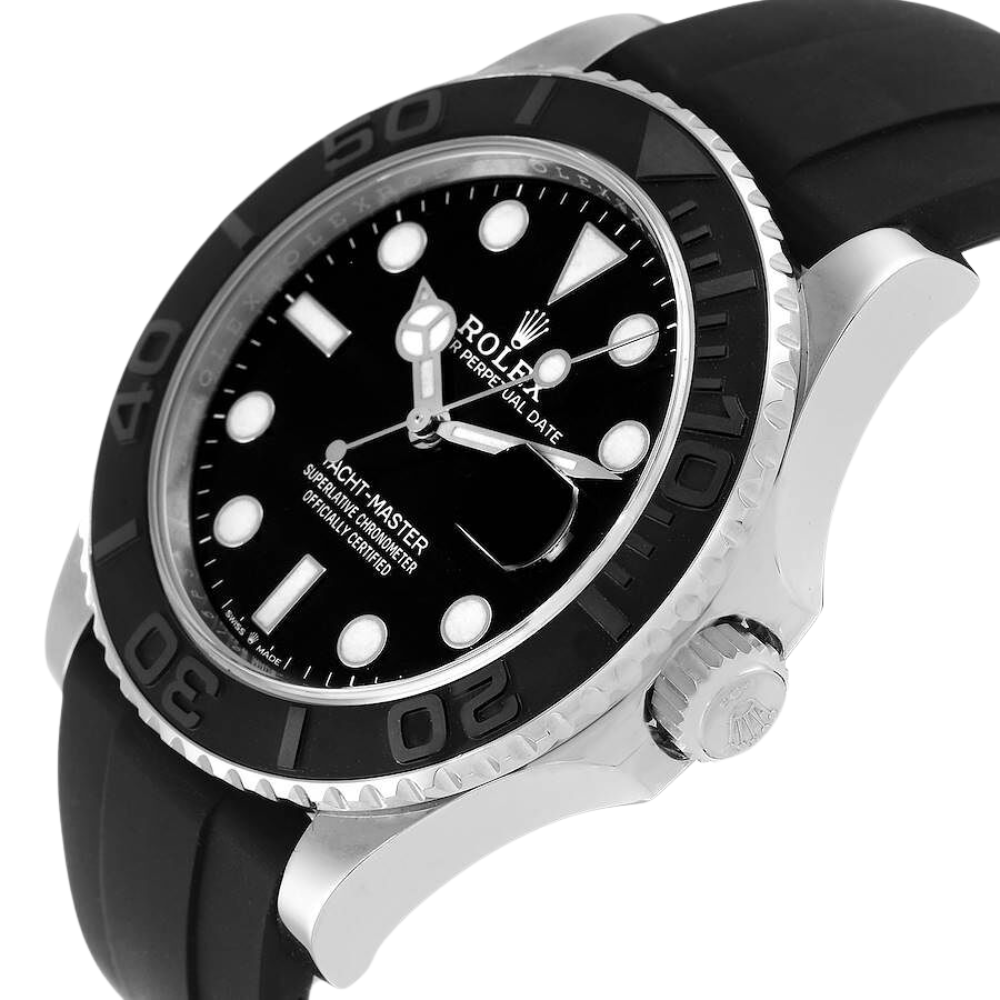 Octagonal case with 8-screw bezel, steel, black dial, black rubber strap