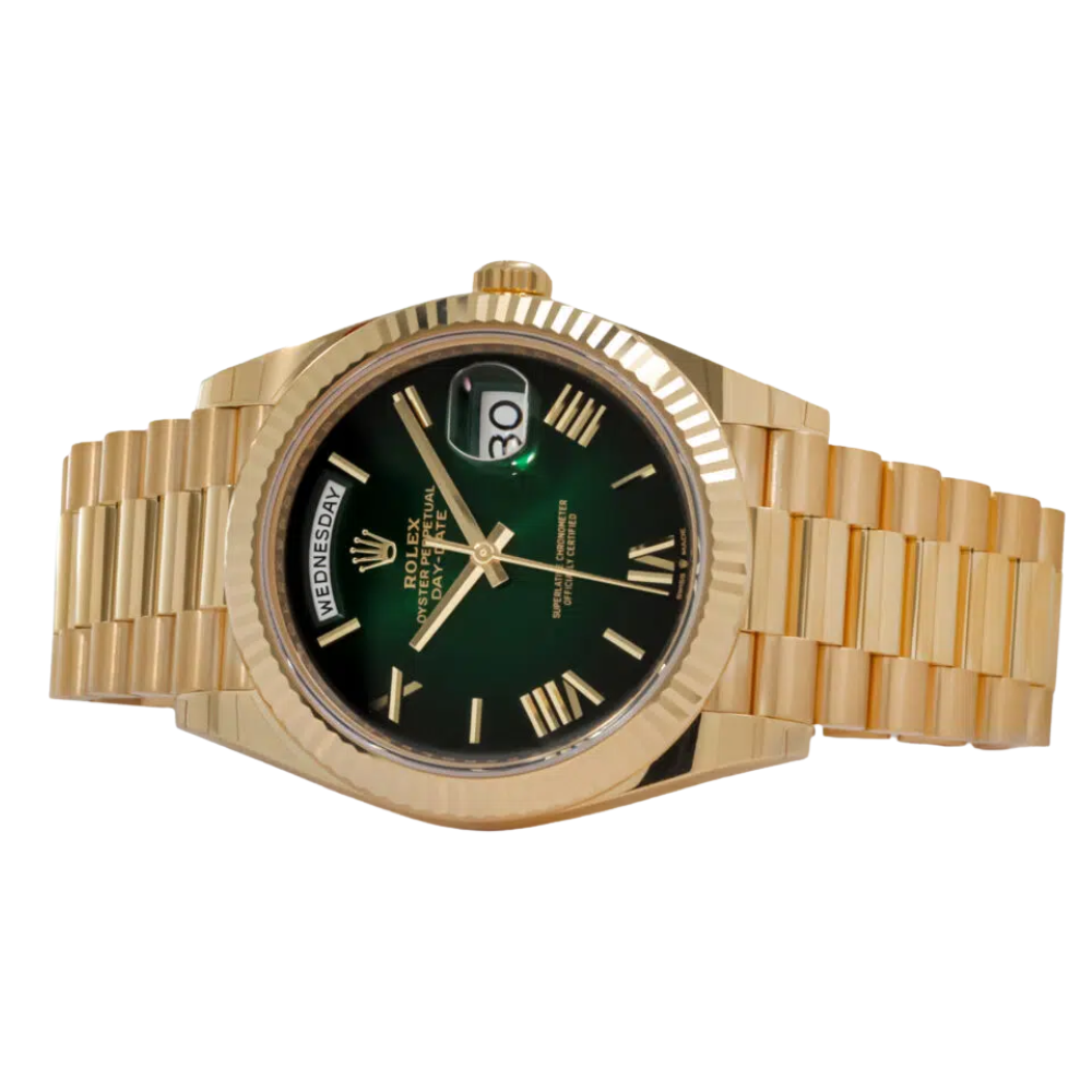 Faceted octagonal, full gold, emerald-green dial with baguette-style markers