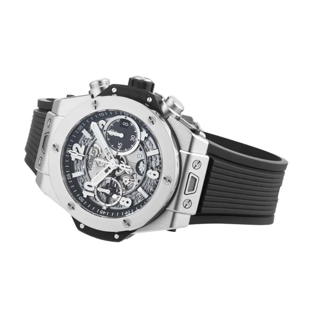 Chunky sport case with screwed bezel, white chronograph, white rubber strap