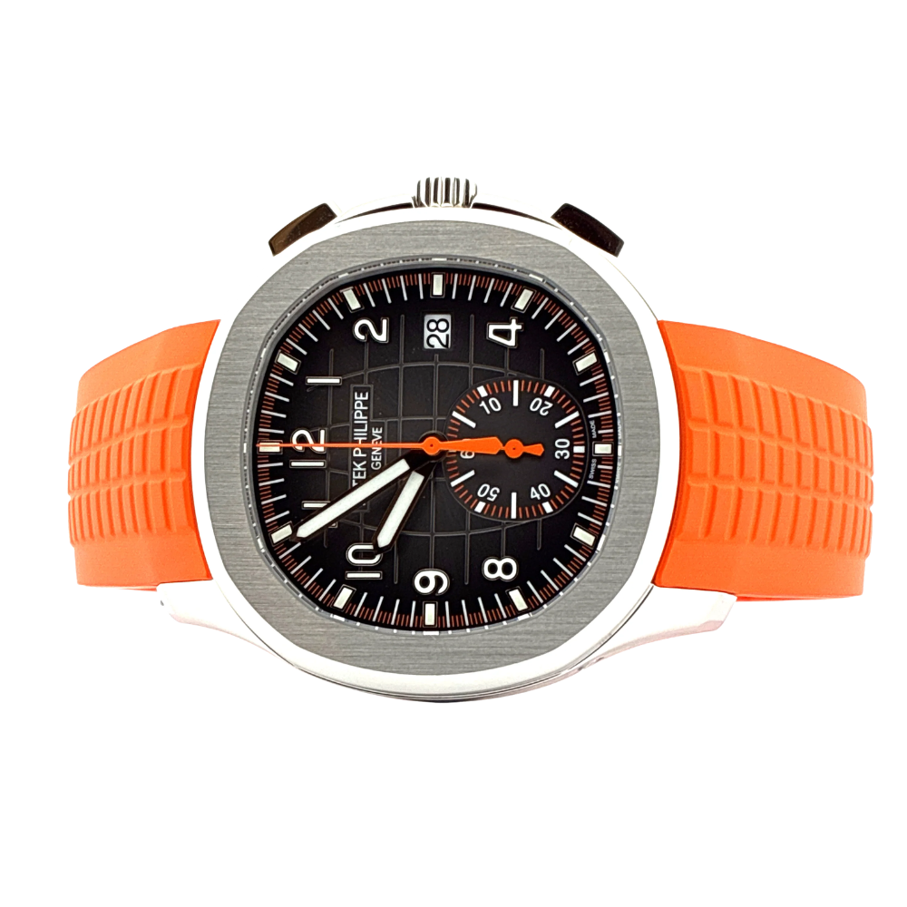 Steel, black gradient dial, orange seconds hand, orange rubber strap