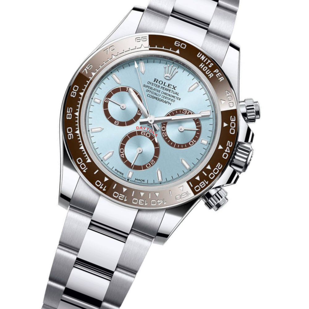 Steel, plain ice-blue dial, case with side pushers