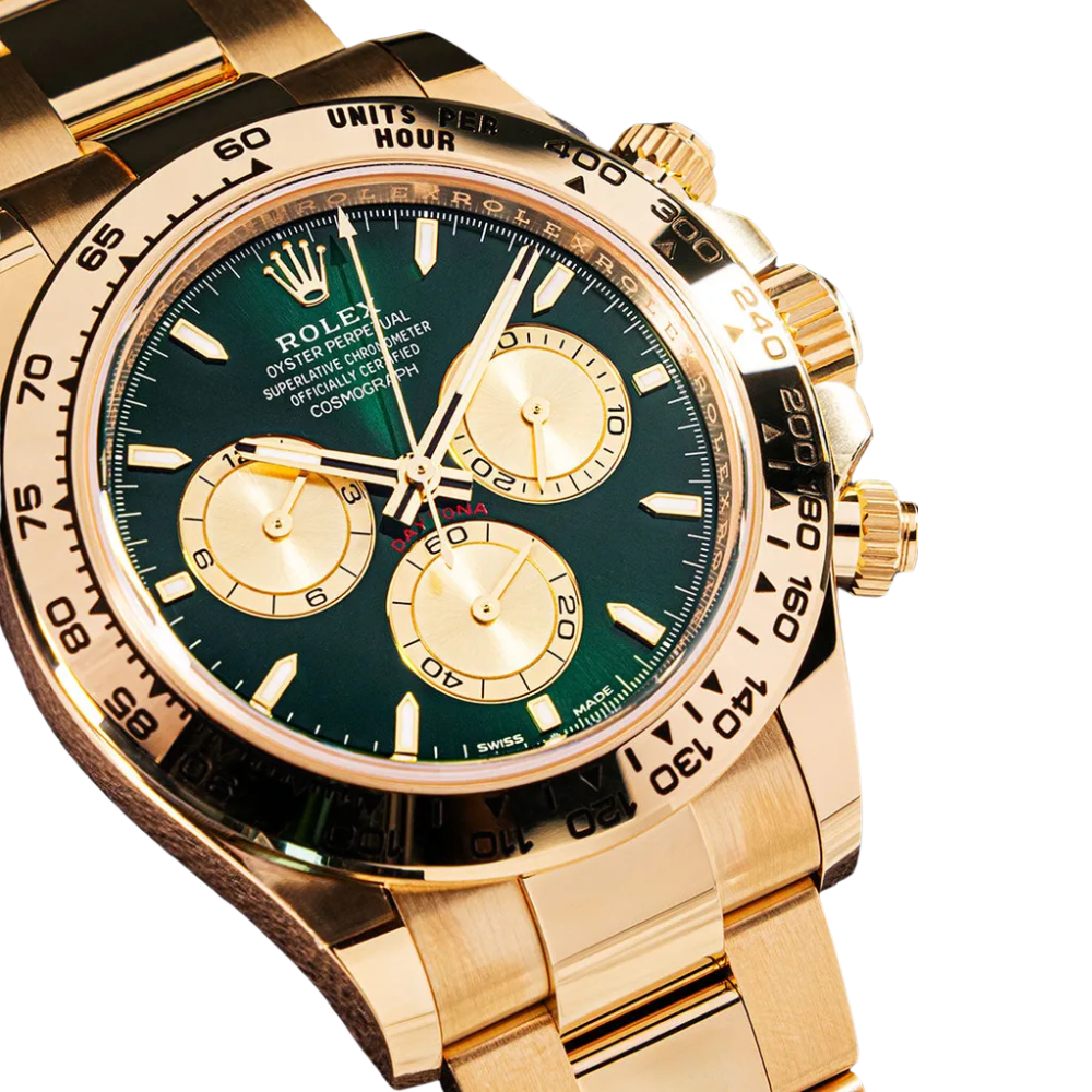 Round dress watch, full gold, green sunburst dial, 5-link bracelet