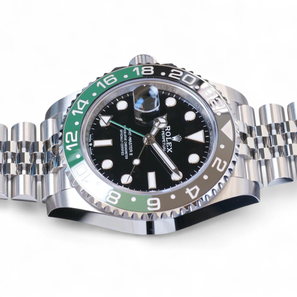GMT, steel, two-tone green and black 24-hour bezel, green GMT hand