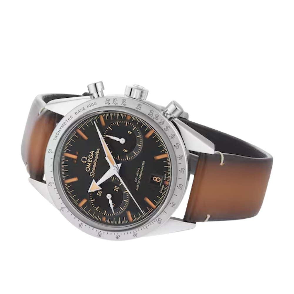 Tonneau case, black chronograph with rose-gold accents, brown leather strap