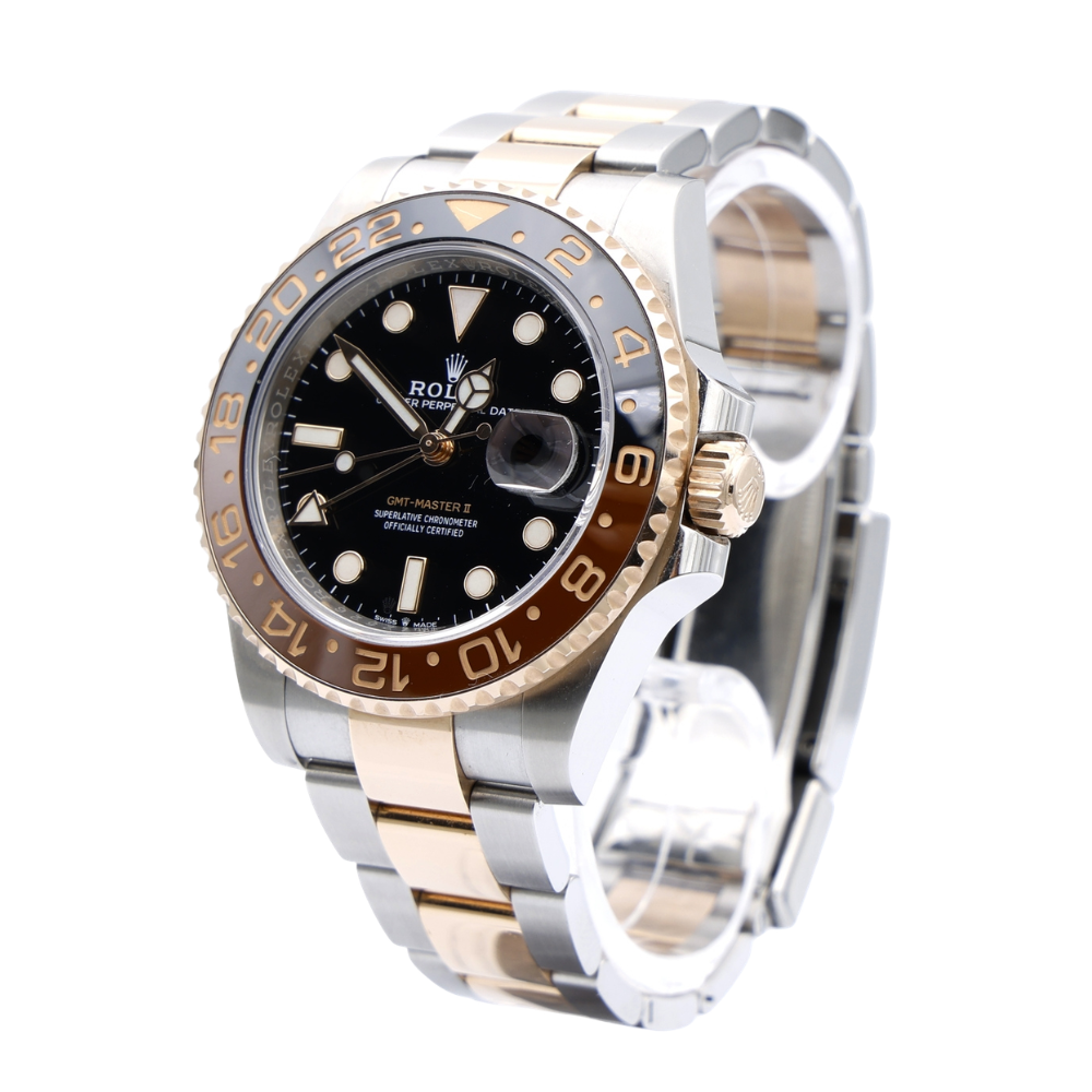 Rose-gold cushion case, black dial, steel and rose-gold bracelet