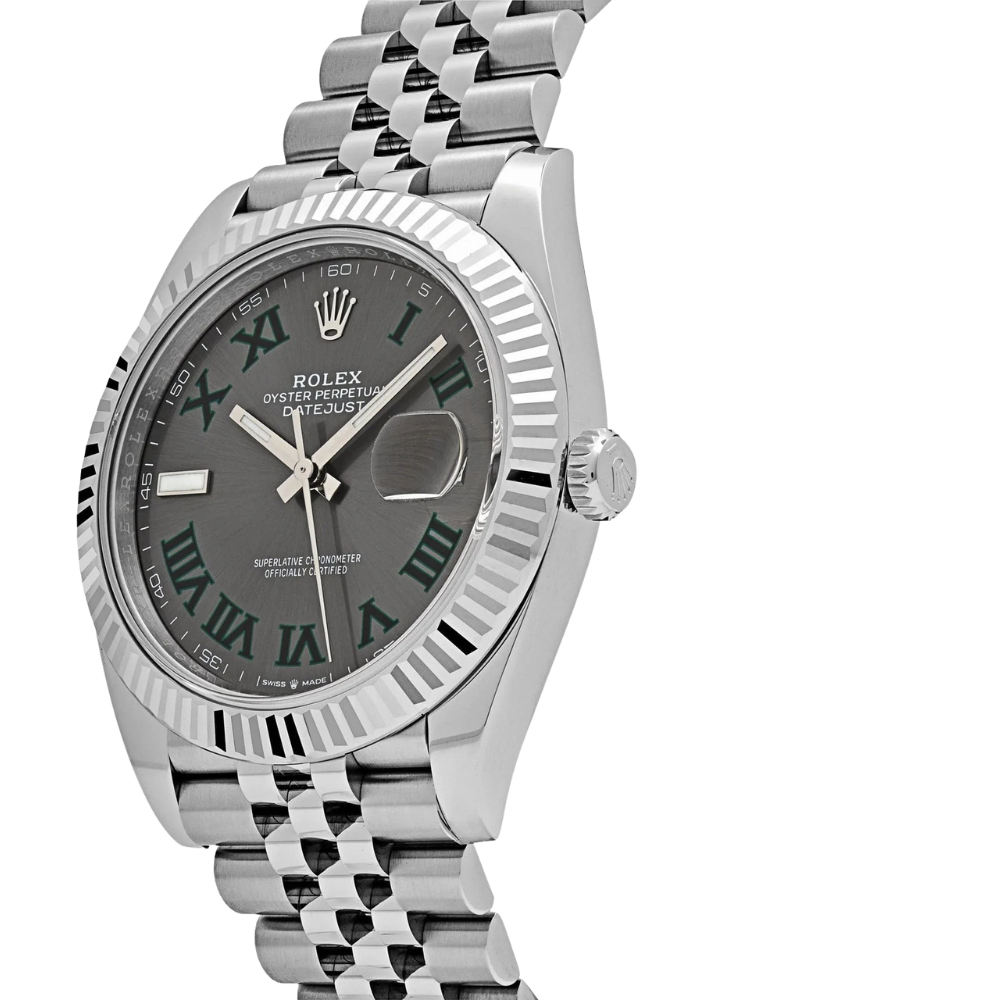 Square case with fluted sides, steel, graphite dial, 5-link bracelet