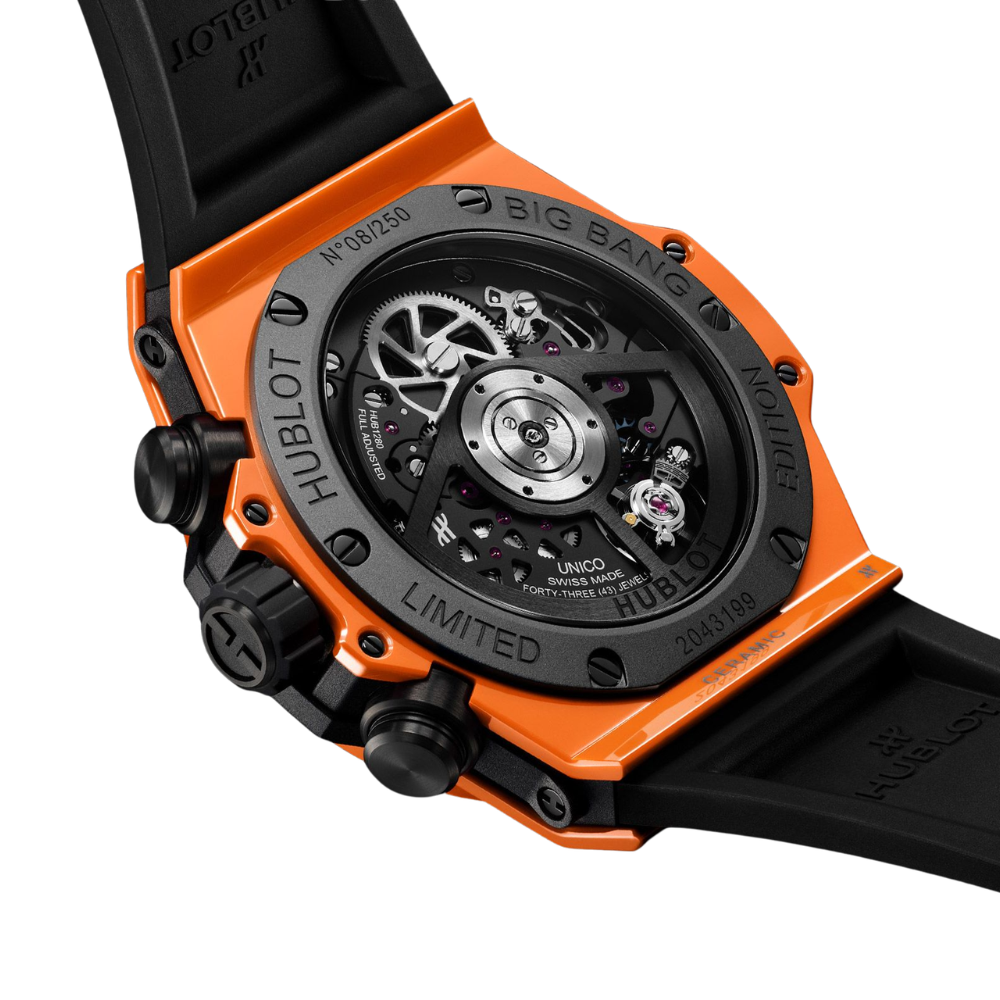 Sporty black and orange tonneau, skeleton dial, orange rubber strap