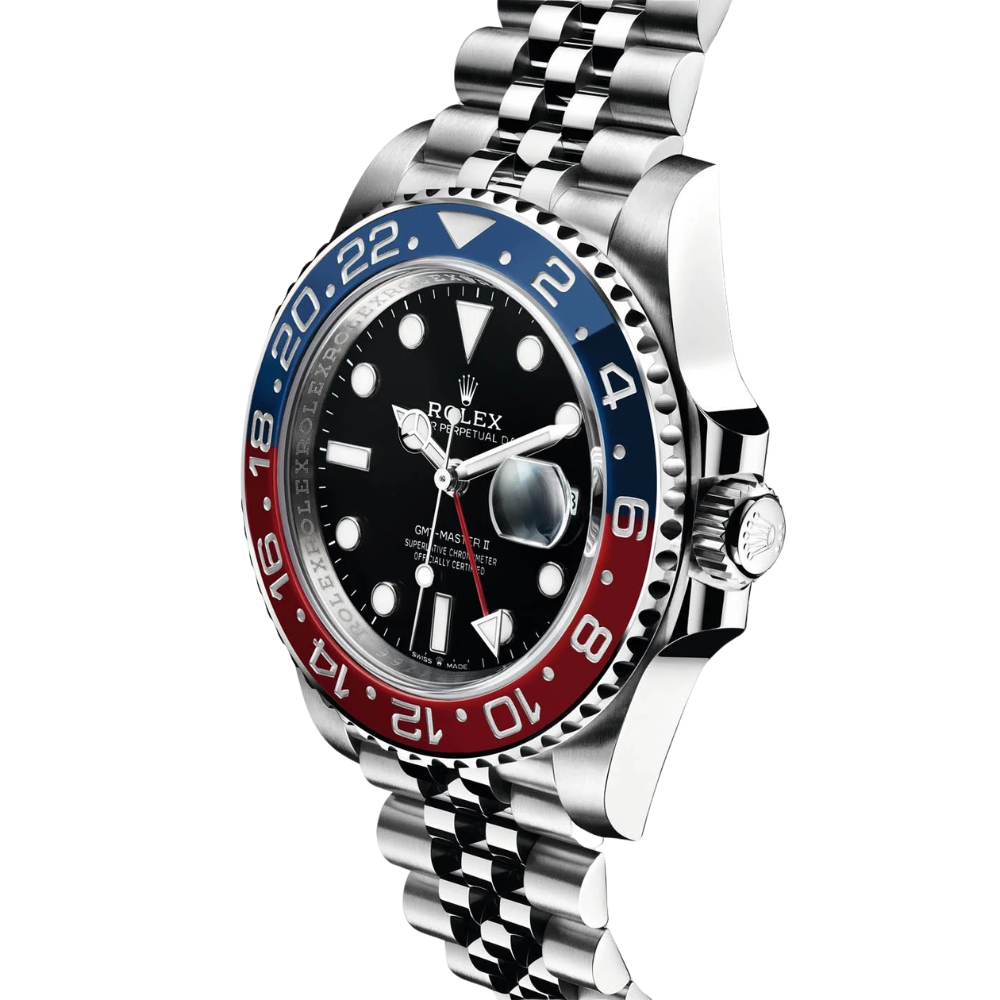 GMT, steel, two-tone blue and red 24-hour bezel, black dial