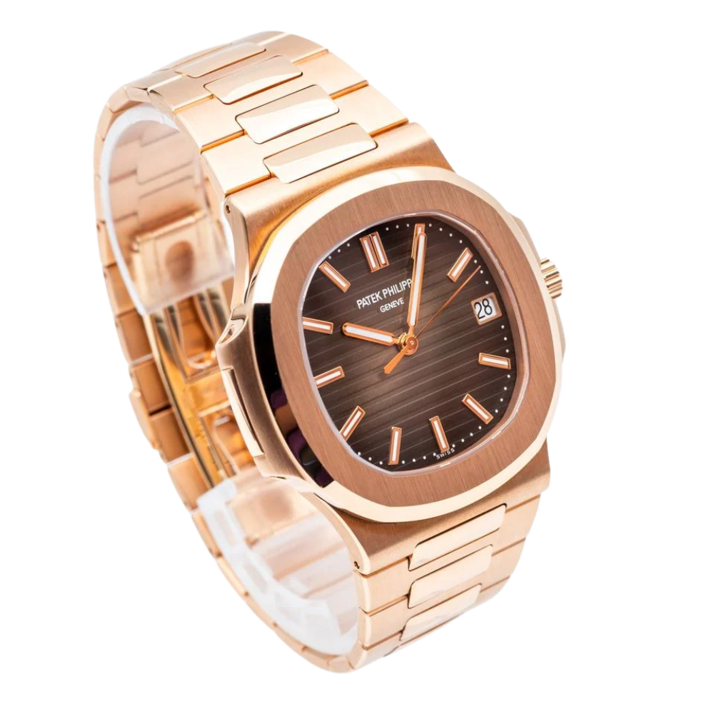Rounded square with pushers on both sides, full rose gold, black dial