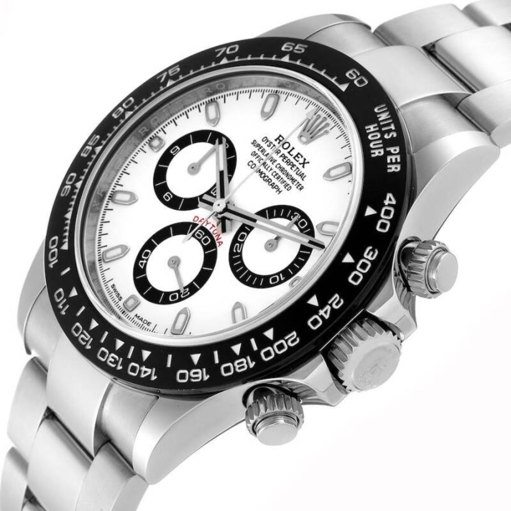Chronograph, steel, white dial with three black-ringed sub-dials