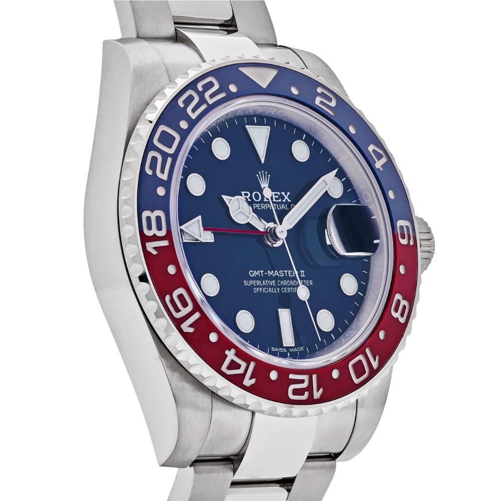 GMT, steel, black 24-hour bezel, triangle-tipped GMT hand