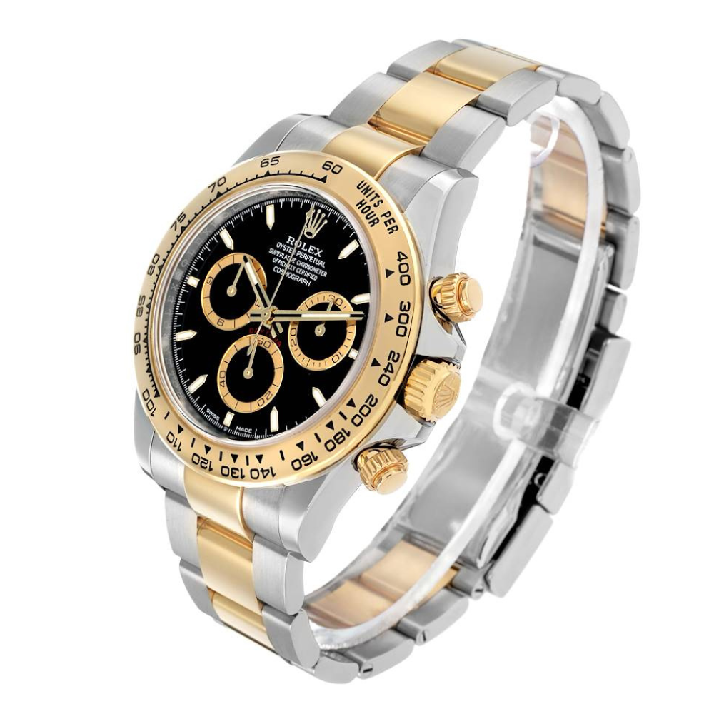 Two-tone steel and gold, gold bezel, black dial with gold accents