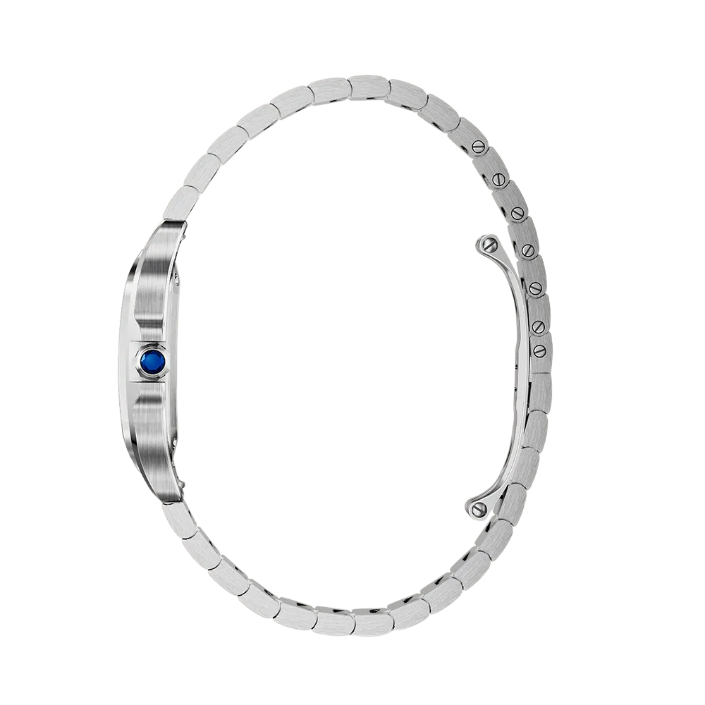 Rounded square, steel, silver dial with blue hands and blue-accent crown