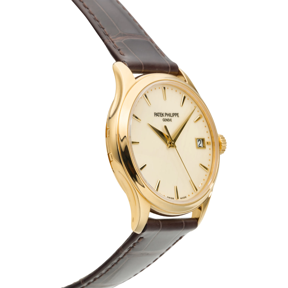 Rectangular gold case, cream champagne dial, croco-textured brown leather strap