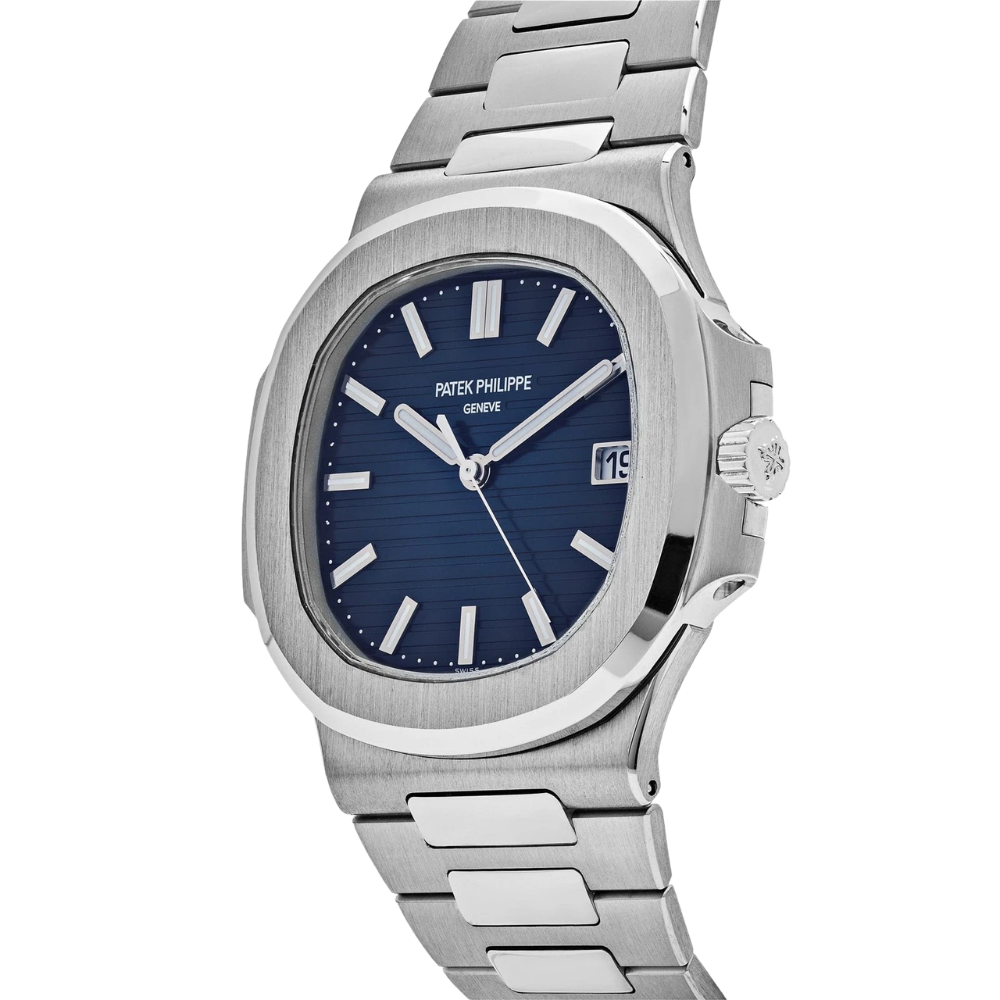 Rounded-square case, steel, navy dial with raised stripes