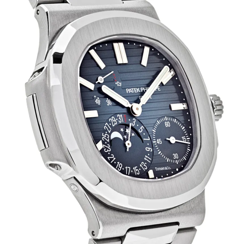 Moon phase and calendar, steel, striped blue dial