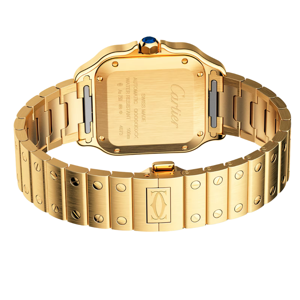 Rounded square, full gold, white dial with blue hands
