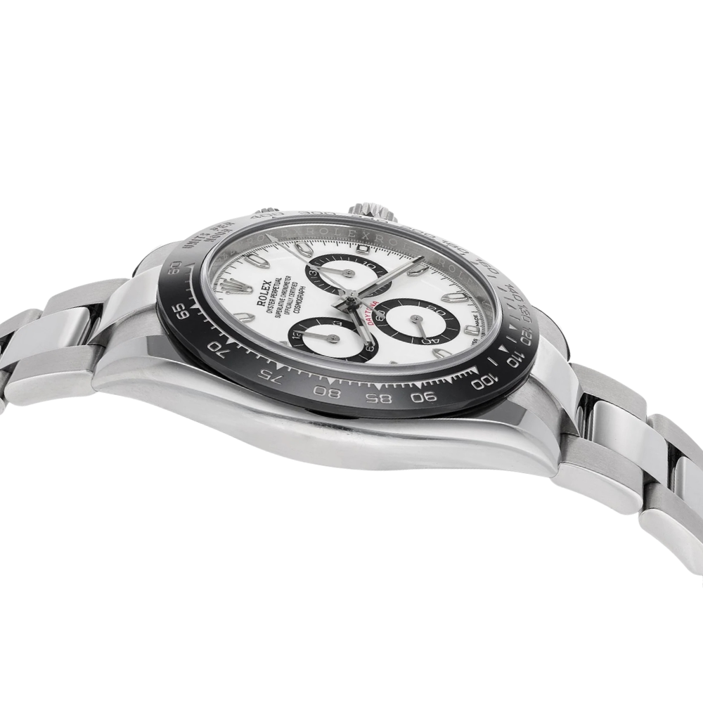 Chronograph, steel, white dial with three black-ringed sub-dials