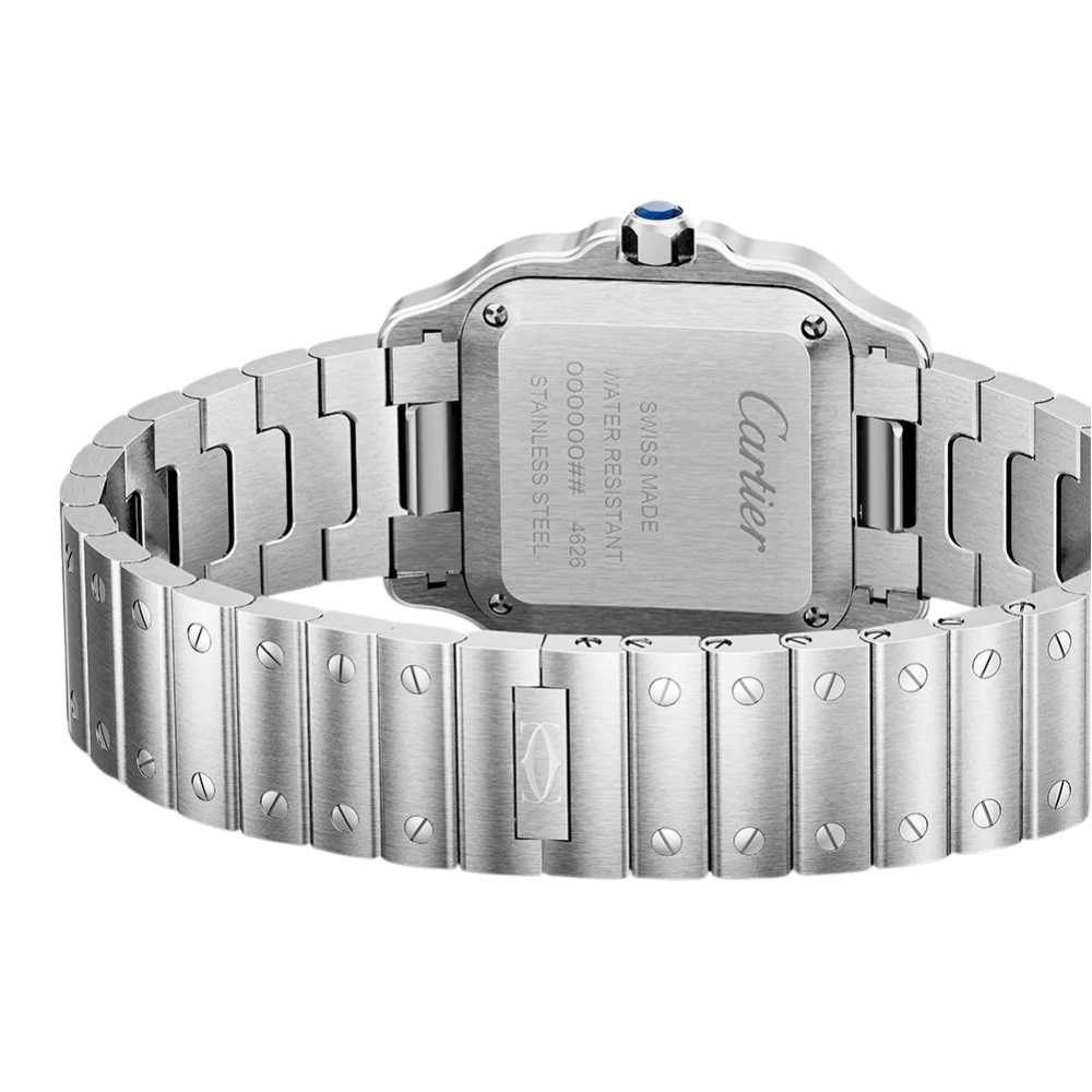 Rounded square, steel, silver dial with blue hands and blue-accent crown